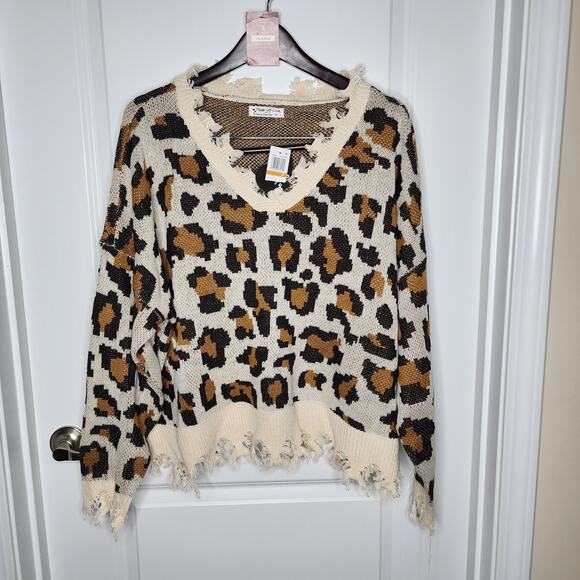 Made with Love Womens Leopard Raw Hem Distressed Sweater Plus 3X X4F0381S NWT - Picture 1 of 11